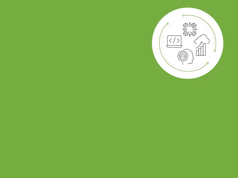 Illustration of digital technologies featuring icons for software development, artificial intelligence, cloud services, data analytics, and automation. The icons are connected by green circular lines and network elements.