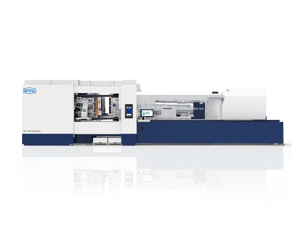 Macchina per stampaggio a iniezione industriale della serie “NETSTAL PET-LINE 3000–4000”. L’impianto rappresenta la lavorazione precisa della plastica, il controllo integrato e l’automazione energeticamente efficiente nella produzione.