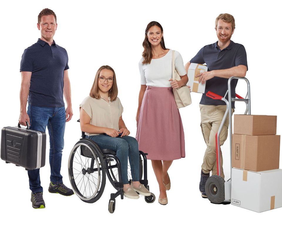 All user groups of KePol parcel station: service technician, woman in wheelchair, woman standing, parcel delivery man