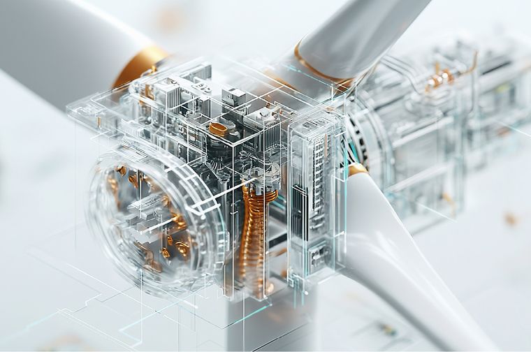 Transparente, schematische Darstellung eines elektromechanischen Antriebssystems mit sichtbaren Spulen, Lagern und internen Komponenten, zur Visualisierung der Funktionsweise in der Automatisierungs- und Antriebstechnik.