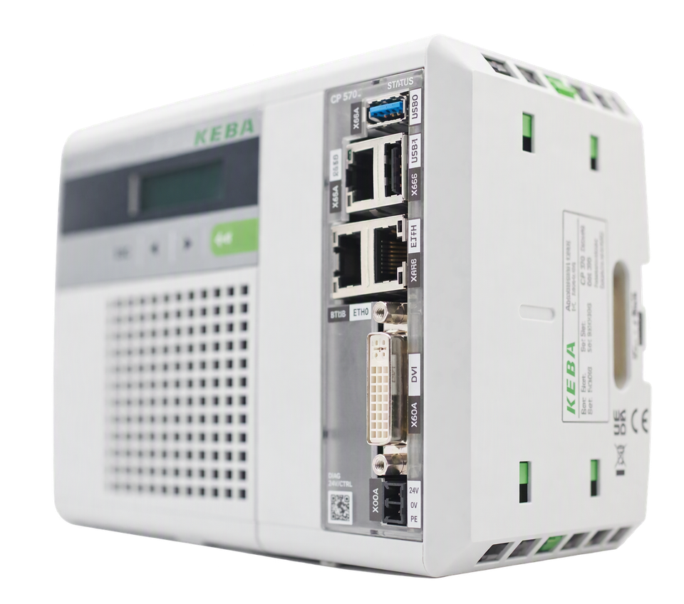 Close-up of a KEBA KeControl control module showing clearly labeled Ethernet, USB, DVI, and other industrial interfaces.
