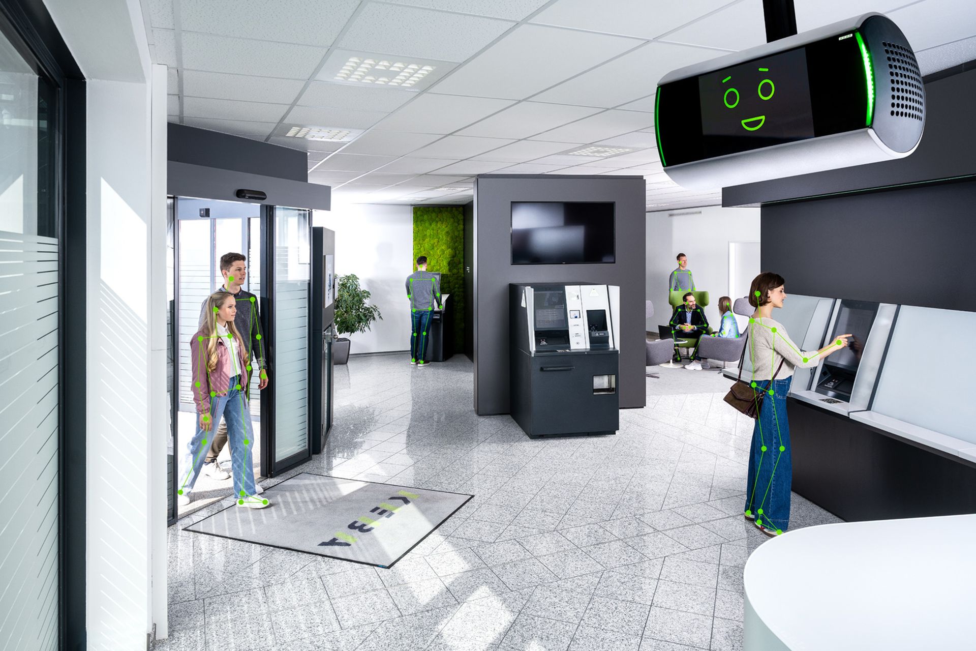People in a modern bank lobby, using ATMs with the AI-based surveillance system KeBob