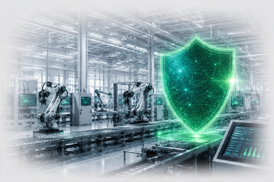 Industrielle Produktionslinie mit Roboterarmen und grün leuchtendem Schutzschild als Symbol für Cybersicherheit.