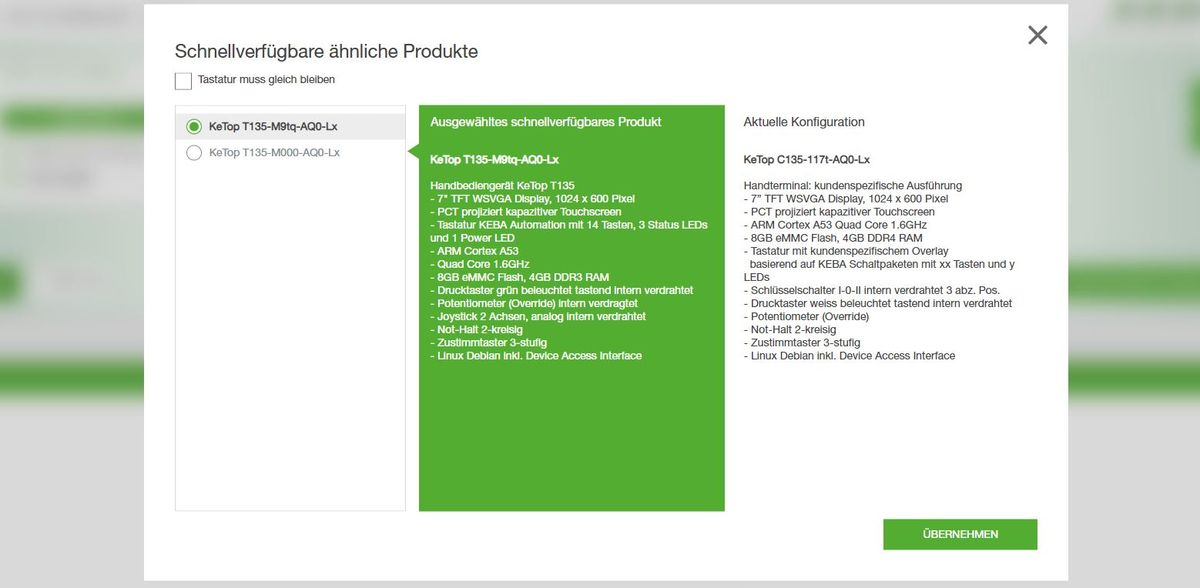 Screenshot der KEBA Online-Konfigurationsplattform mit Vergleichsansicht zweier KeTop T135 Handbediengeräte, inklusive technischer Spezifikationen und Auswahloptionen.