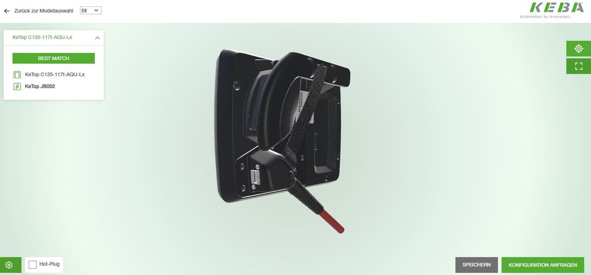 Rückansicht eines KEBA KeTop C135 Handbediengeräts im digitalen 3D-Konfigurator mit ergonomischem Griff, Befestigungsgurt und Kabelanschluss, dargestellt auf grünlich-weißem Hintergrund.