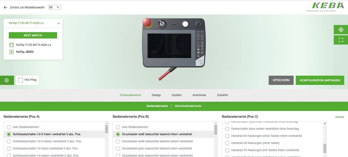 Screenshot der KEBA Online-Konfigurationsplattform mit einer interaktiven Ansicht des KeTop T135 Handbediengeräts und auswählbaren Bedienelementen.