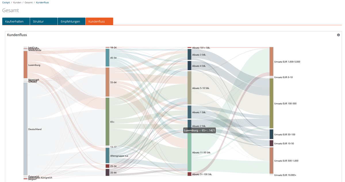 Sankey-Diagramm des Kundenflusses: Verbindungen zwischen Herkunftsländern, Altersgruppen, Absatzmengen und Umsatzklassen zur Analyse von Kaufverhalten und Segmentierung.