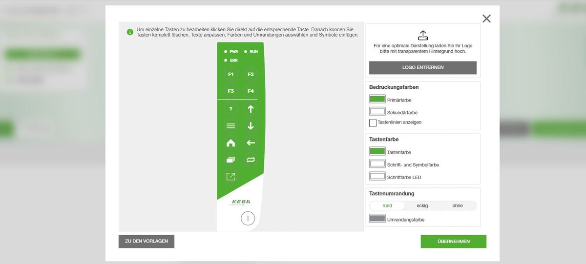 Screenshot der KEBA Benutzeroberfläche zur individuellen Gestaltung von HMI-Tastenlayouts: Farbanpassungen, Beschriftungen und Symboloptionen werden angezeigt.