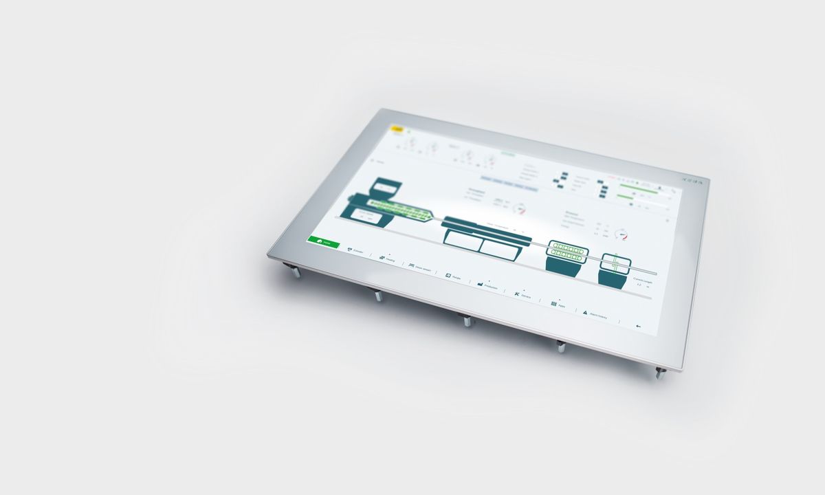 Flat industrial KEBA touchscreen panel displaying process visualization – representing modern HMI technology, intuitive machine operation, and integration into automated production systems.