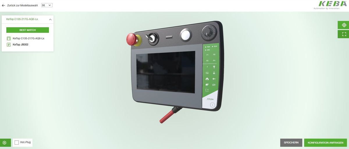 Digitale 3D-Darstellung eines KEBA KeTop C135 Handbediengeräts mit Display, Not-Aus-Taster und Drehgeber im Online-Konfigurator auf grün-weißem Hintergrund.