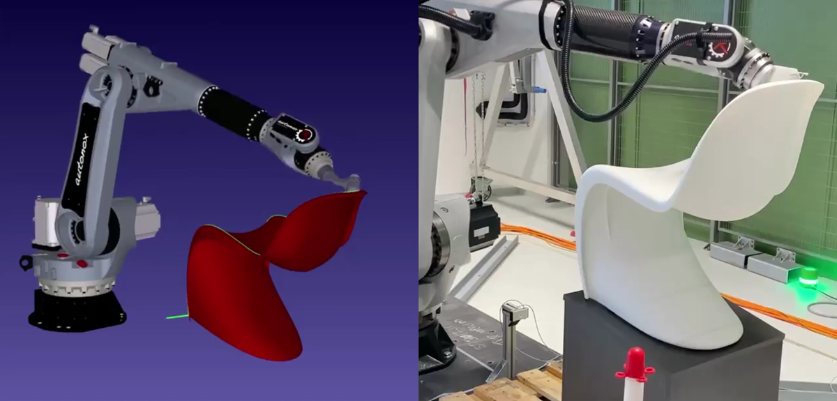 Image of simulation robot driving off designer chair and the real situation