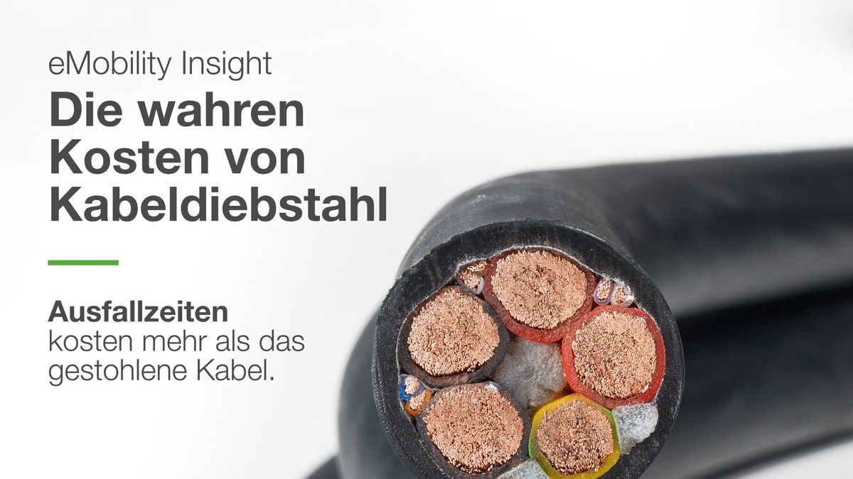eMobility Insight graphic titled ‘The Hidden Cost of Cable Theft’, featuring a close-up of a cut electrical cable with exposed copper conductors and the message: ‘It’s not the cable. It’s the downtime.