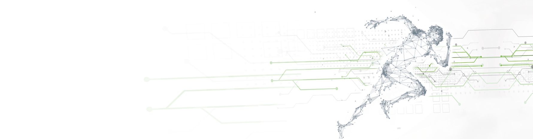 数字化奔跑人物的抽象视觉图，象征工业自动化中的性能、速度与效率。