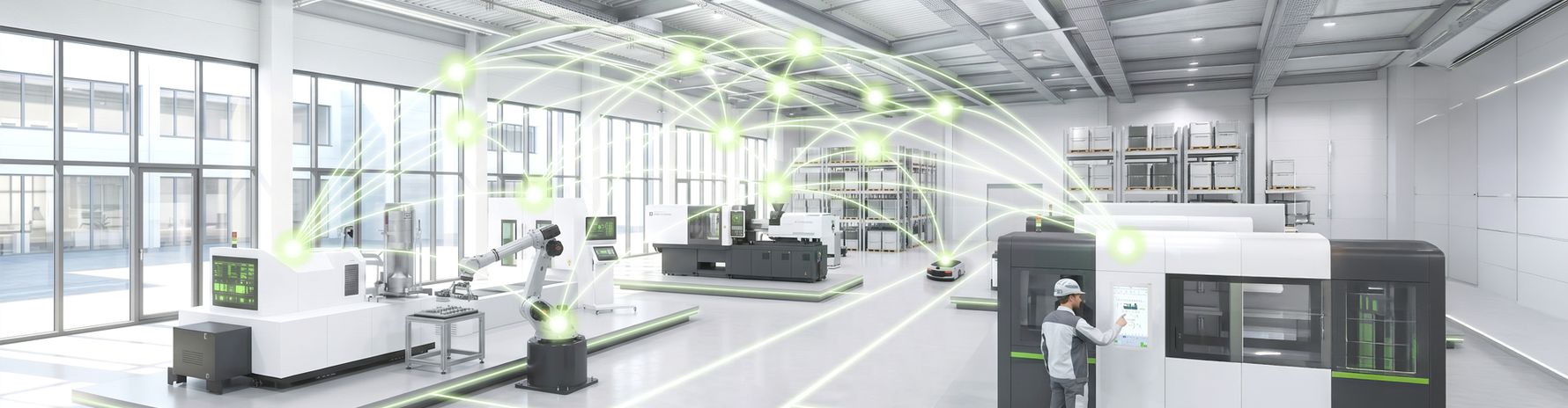 Produktionshalle mit vernetzten Maschinen, einem Roboter und einem Mitarbeiter an einer Maschinensteuerung.