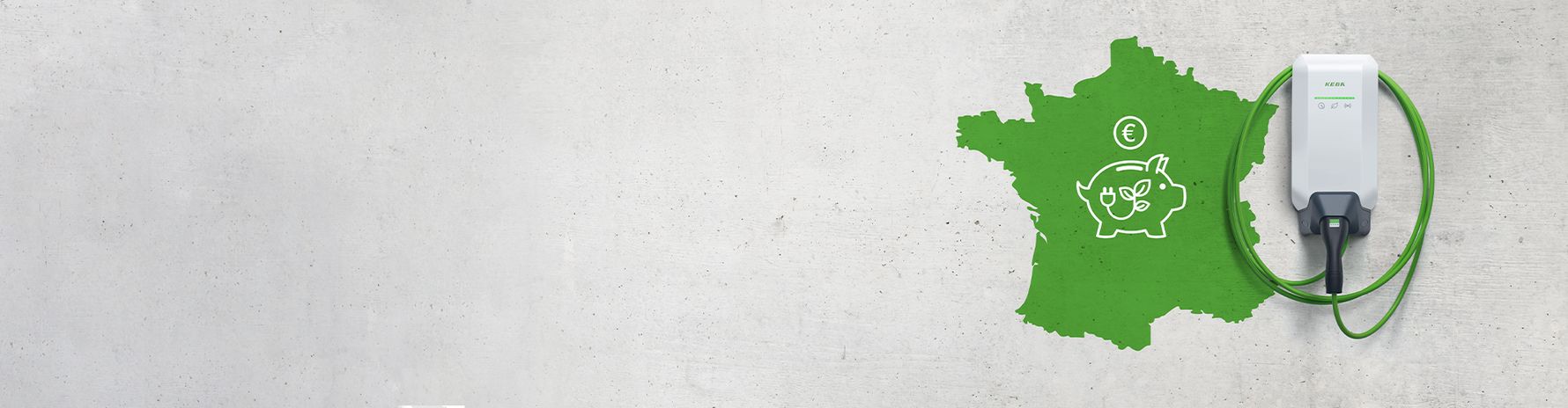 Carte verte de la France avec une icône de tirelire représentant des économies d’énergie, à côté d’une borne de recharge KEBA avec câble vert.