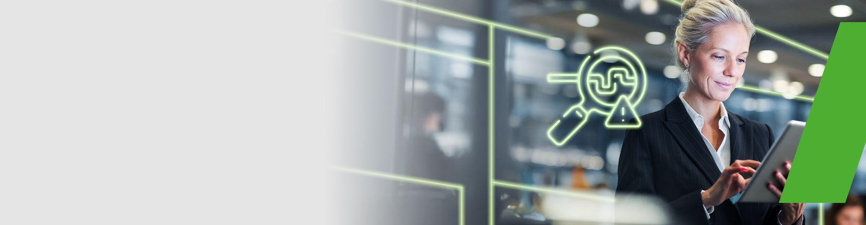 Businessfrau nutzt ein Tablet in moderner Büroumgebung; Symbol für digitale Analyse und Vernetzung im Hintergrund.