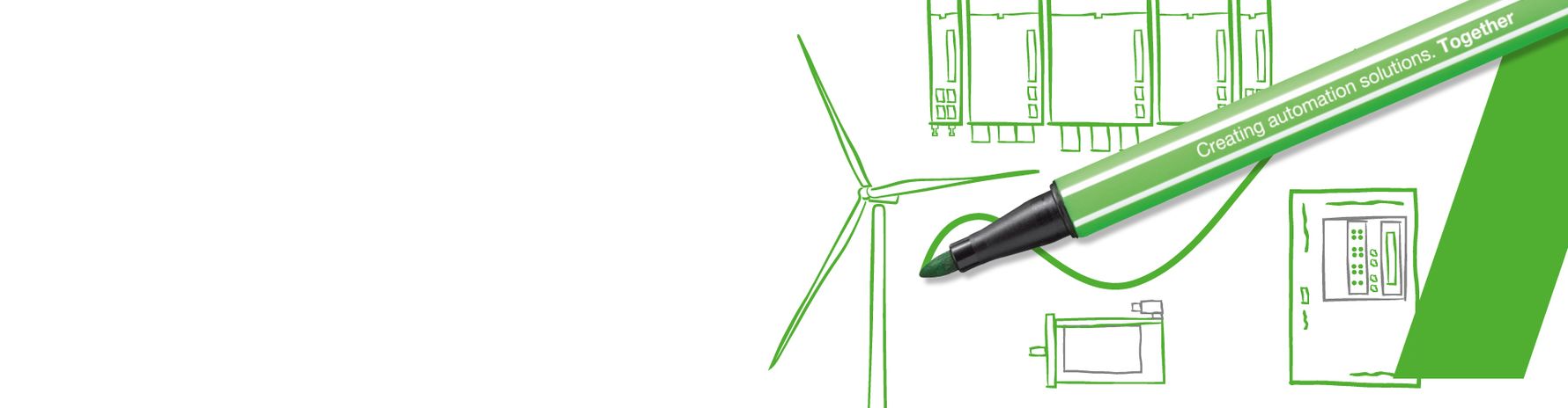 A green pencil draws a wind turbine, the PitchOne and KeDrive D3 servo controllers, and a motor. The image symbolizes the joint development of automation solutions in an industrial setting.