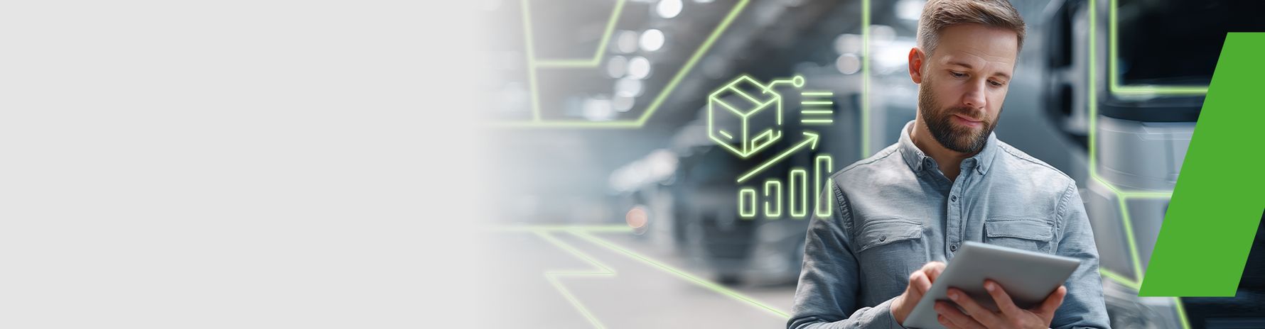 Man using a tablet in a modern logistics environment; symbol of digital forecasting and delivery analytics in the background.