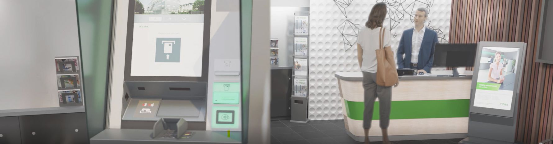 Un cliente e un consulente interagiscono presso un moderno cash recycler di KEBA in un ambiente luminoso e accogliente – simbolo di servizi digitali, facilità d’uso e automazione bancaria innovativa.