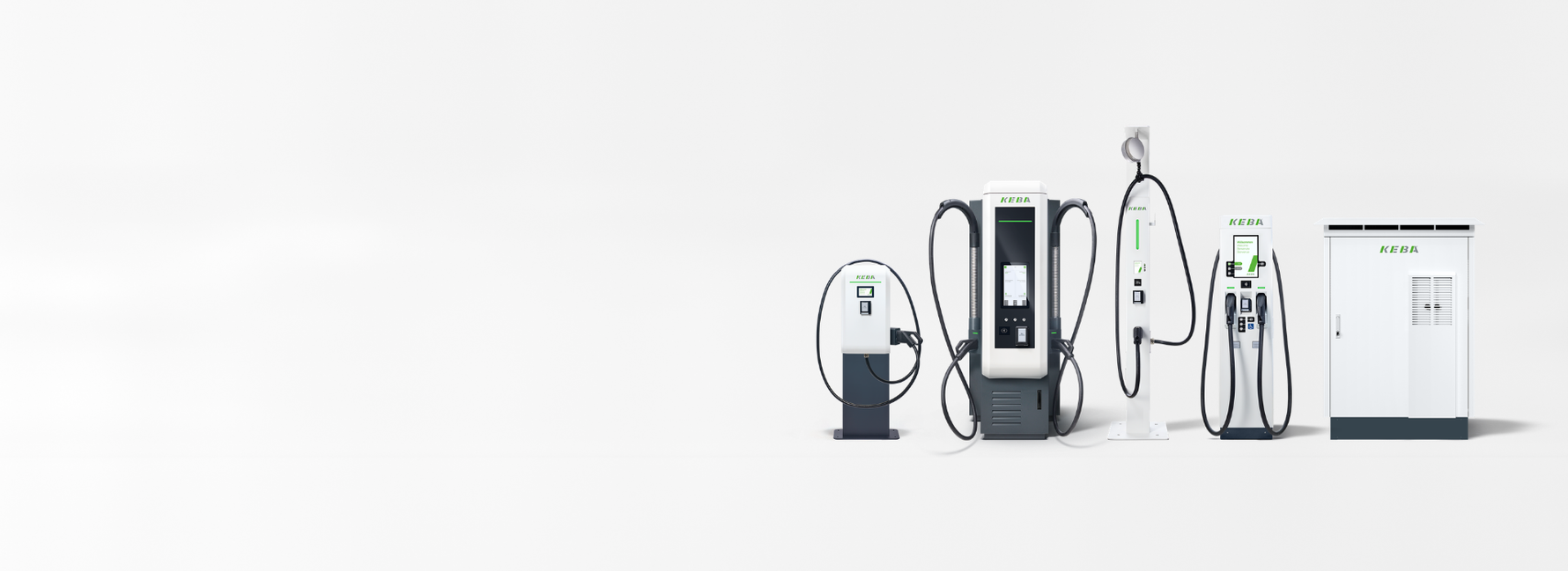 Shown are various models of KEBA electric vehicle DC charging stations, featuring different sizes and designs, arranged in a row.