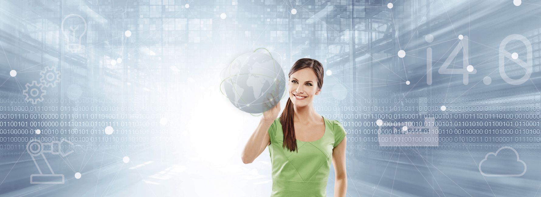 A person holding an abstract, digitally connected globe in an industrial context, symbolizing Industry 4.0, global connectivity, and data-driven automation.