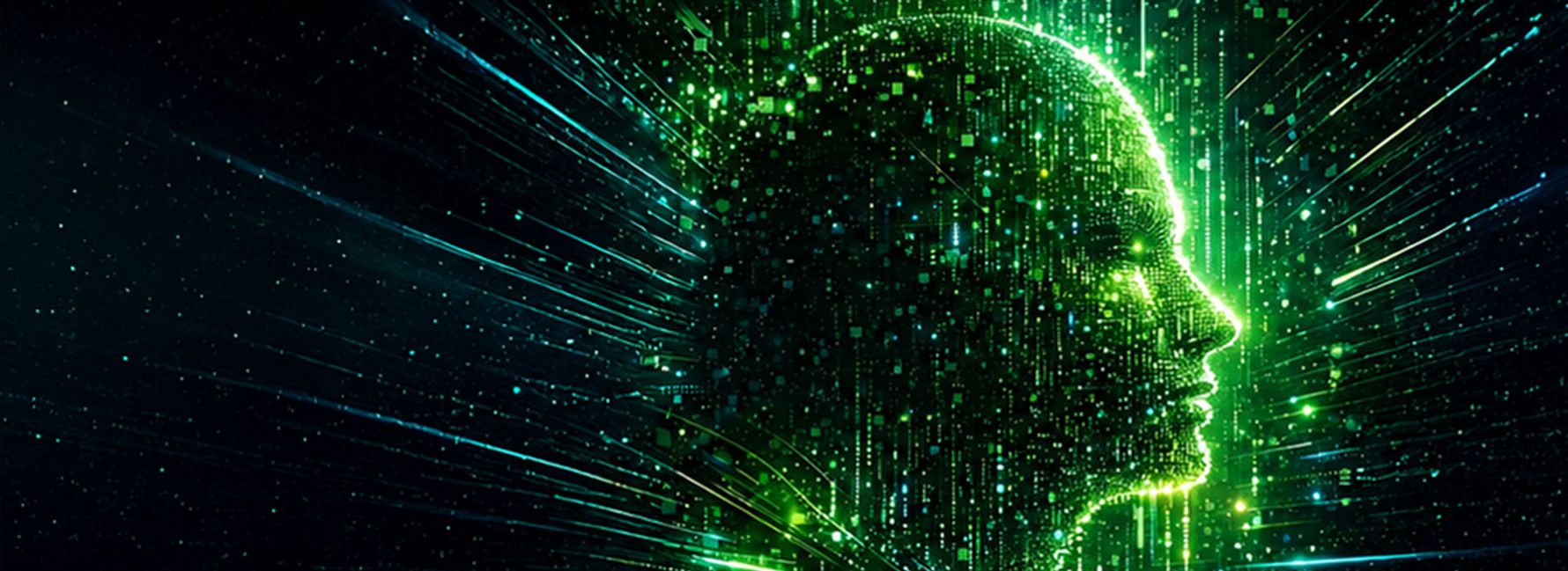 Digital depiction of a human face formed by glowing green data points and lines against a dark background. Light trails and digital structures suggest artificial intelligence and data processing.