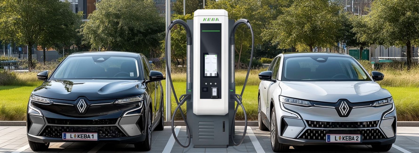 Deux voitures électriques sont en train de recharger sur une nouvelle KEBA KeContact DCA20 devant des immeubles de bureaux modernes.