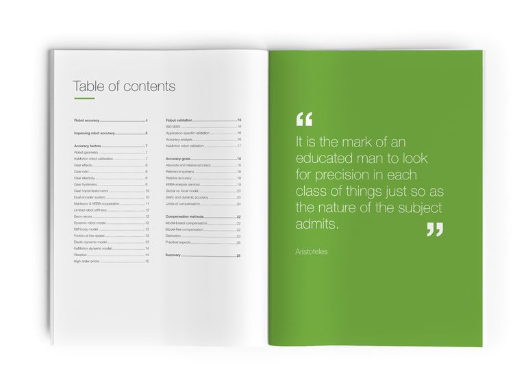 Double-page spread of a whitepaper with table of contents on the left and a green quote page on the right.