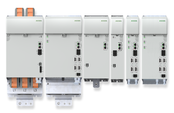 Multiple industrial servo drives from the KEBA KeDrive D3 series in different sizes lined up side by side, featuring visible power, control, and communication ports.