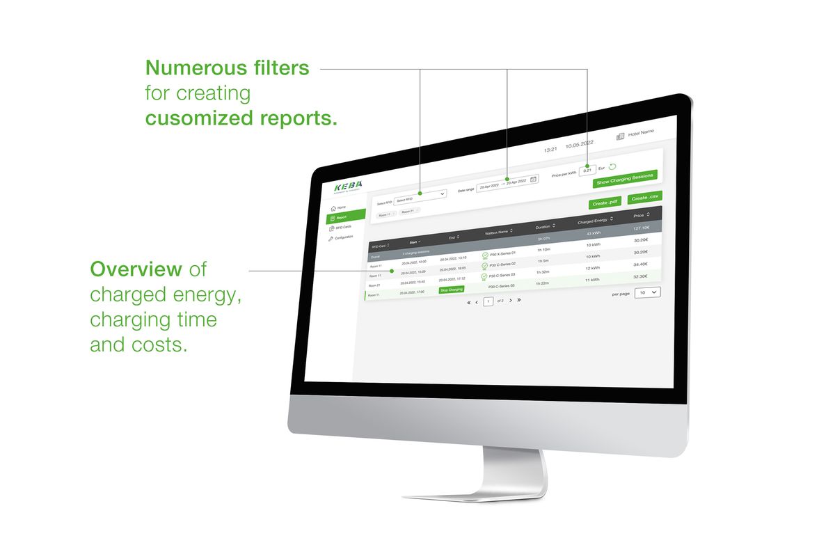 De nombreux filtres dans le portail eMobility pour créer des rapports personnalisés avec un aperçu de l'énergie chargée, de la durée de la charge et des coûts