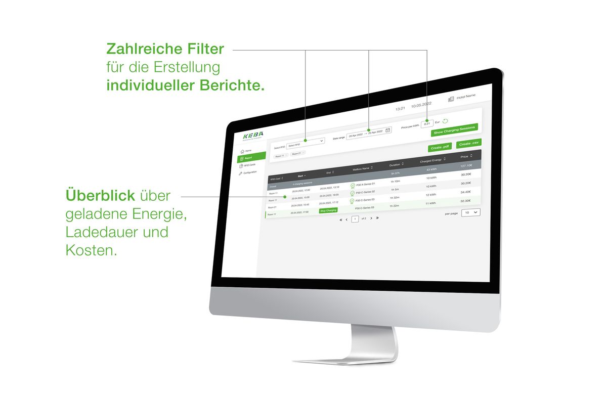 Zahlreiche Filter für die Erstellung von individuellen Berichten und Überblick über geladene Energie, Ladedauer und Kosten