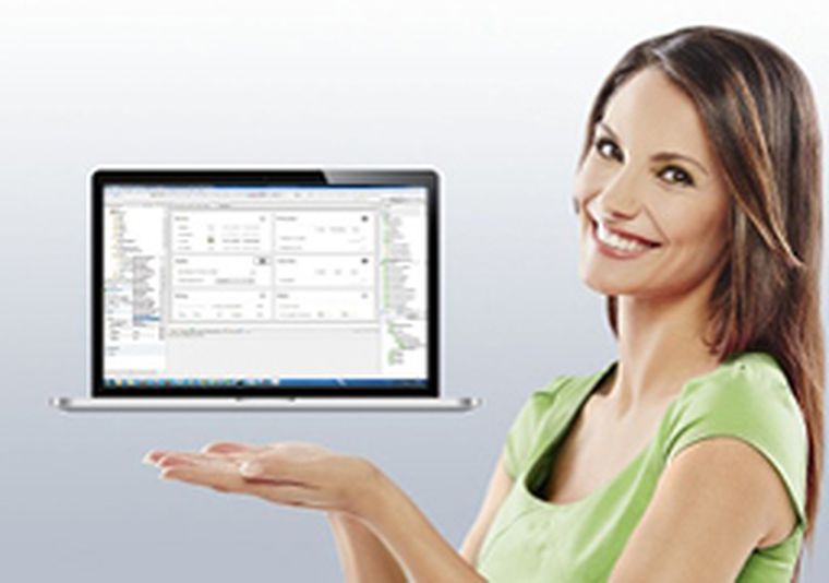 Picture of a lady balancing a laptop with the KeStudio suite on her hands.