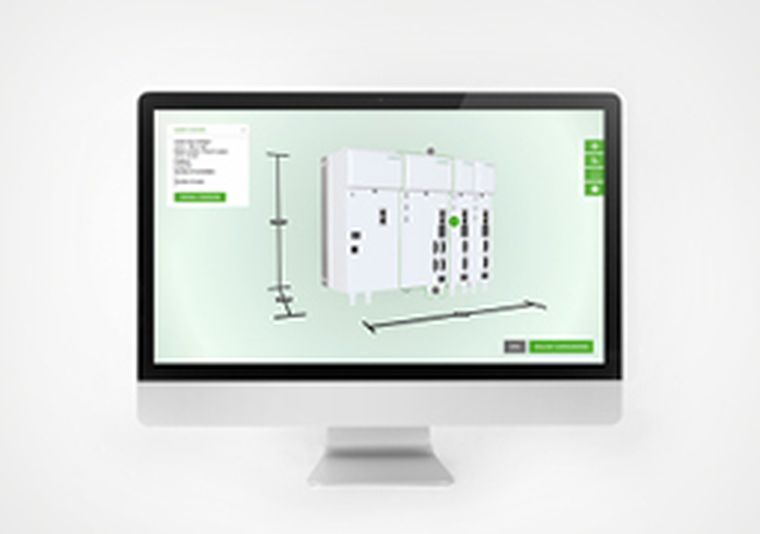 Monitor mit einer grafischen Benutzeroberfläche zur Konfiguration eines modularen Antriebssystems im industriellen Umfeld. Die Visualisierung zeigt mehrere Antriebsmodule sowie Einstelloptionen für eine flexible und bedarfsgerechte Systemauslegung.