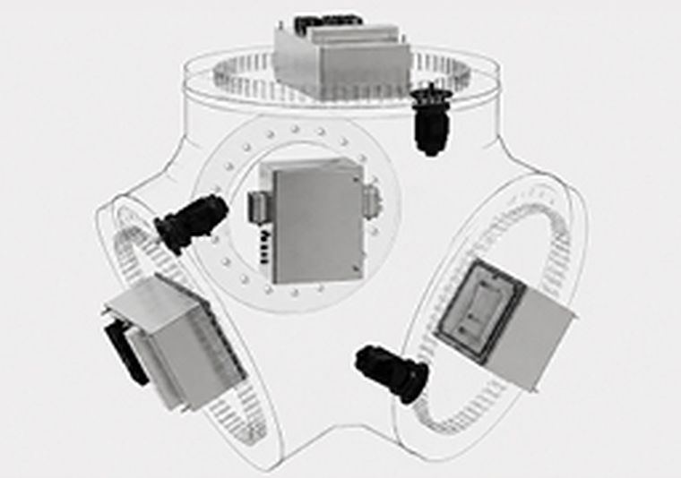 A stylized close-up of a wind turbine with highlighted grey motors and PitchOne servo drives, symbolizing engineering precision and efficiency.