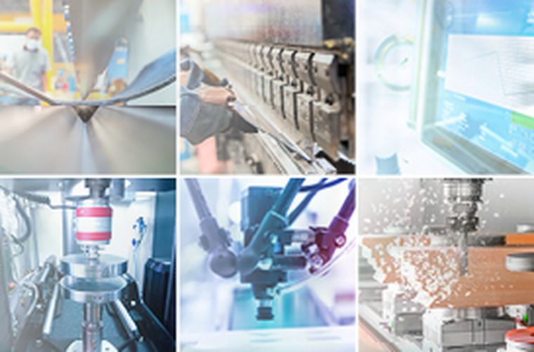 Six illustrations of different machine tools such as drilling, bending, laser, etc.