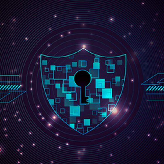Graphic illustration of a shield with a keyhole symbol and digital elements representing IT and data security in industrial systems.