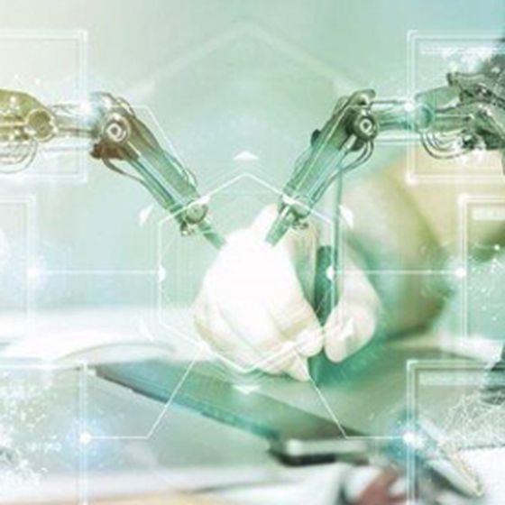 Conceptual image of a person interacting with robotic arms via a tablet, symbolizing human-machine interaction and connected automation.