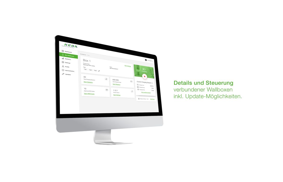 Details und Steuerung verbundener Wallboxen inkl. Update-Möglichkeiten.