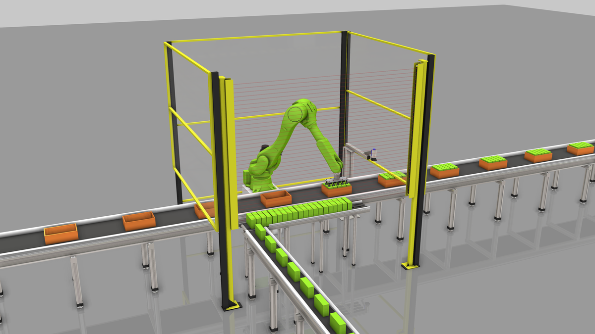 A green robotic arm packs products in an automated top-loader system.