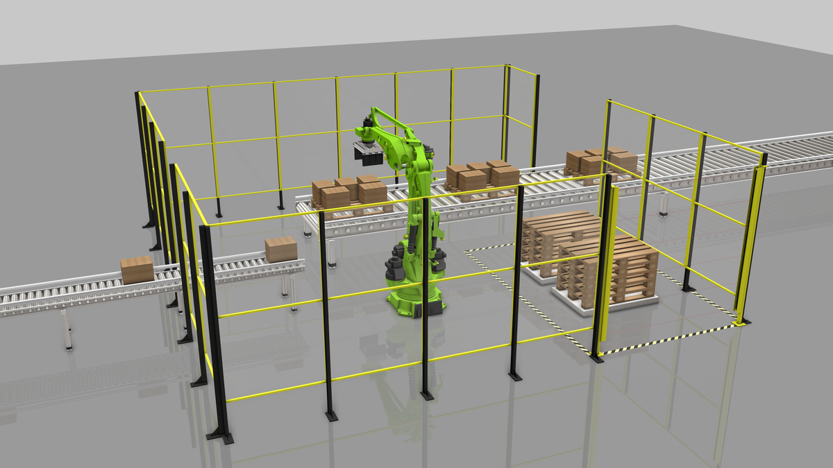 A green robotic arm stacks boxes on pallets in an automated packaging station.