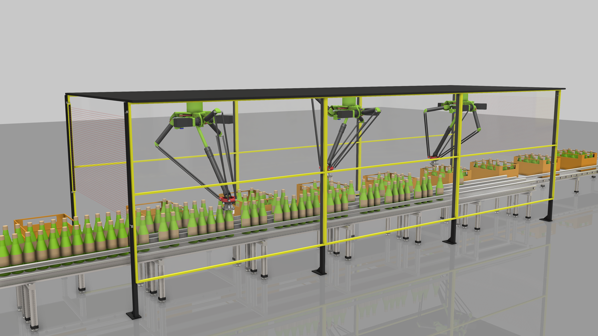 Robots sort bottles on a conveyor belt in a packaging system.