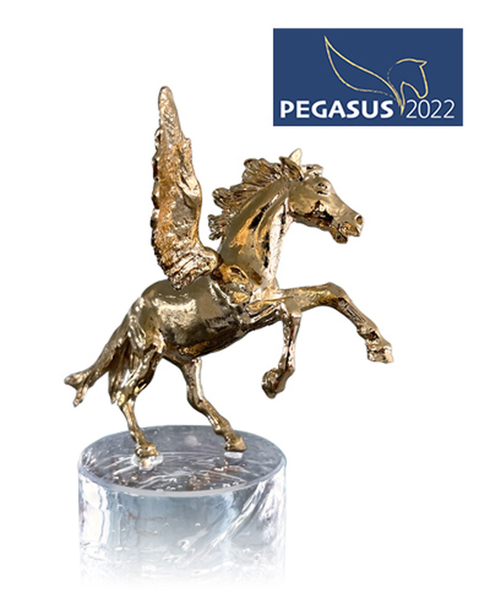 The golden Pegasus statue on a crystal-clear base symbolizes the prestigious business award "PEGASUS 2022" and represents entrepreneurial excellence, innovation, and sustainable success.