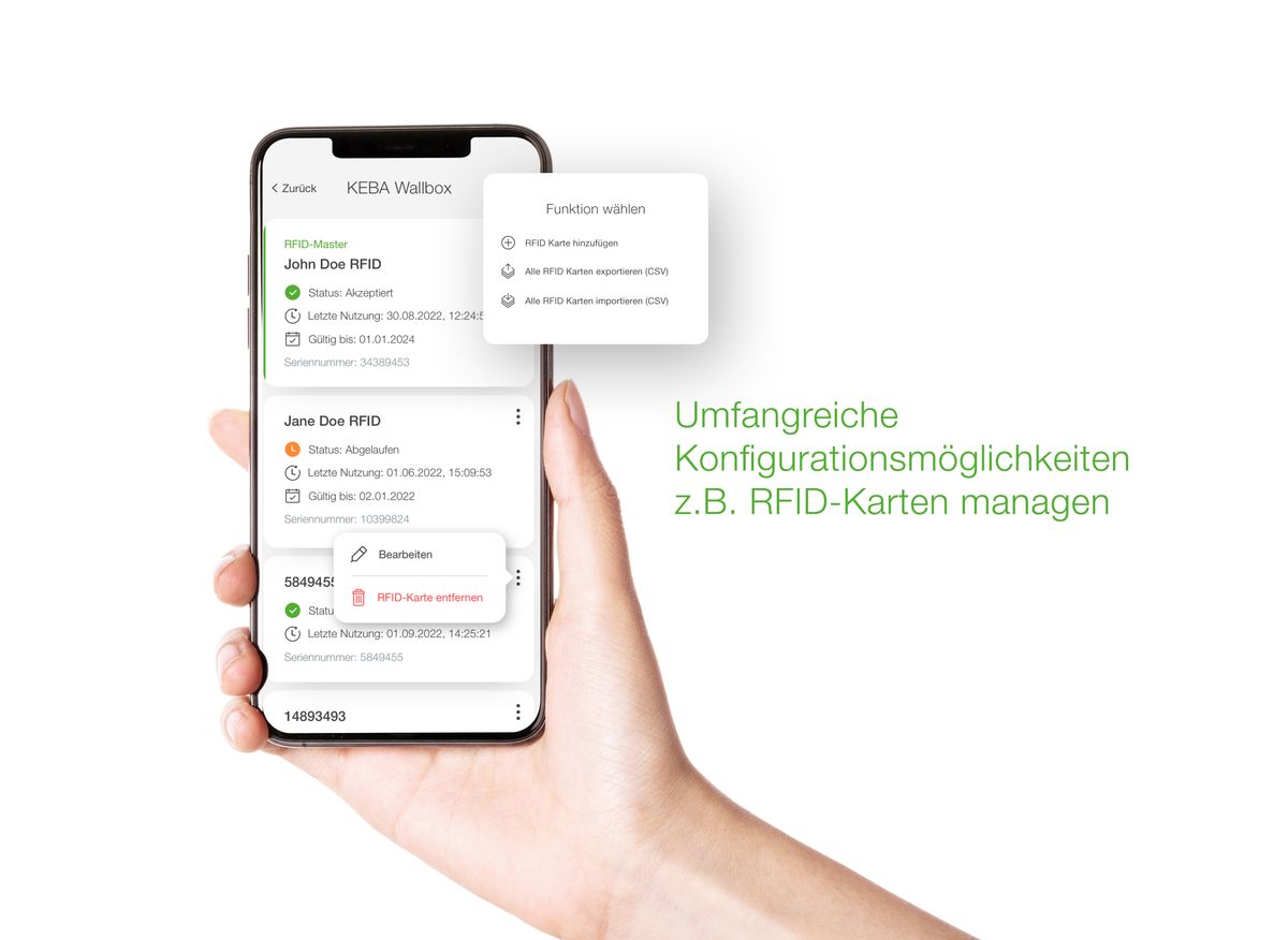 Smartphone mit der KEBA eMobility App, das umfangreiche Konfigurationsmöglichkeiten wie das Management von RFID-Karten zeigt