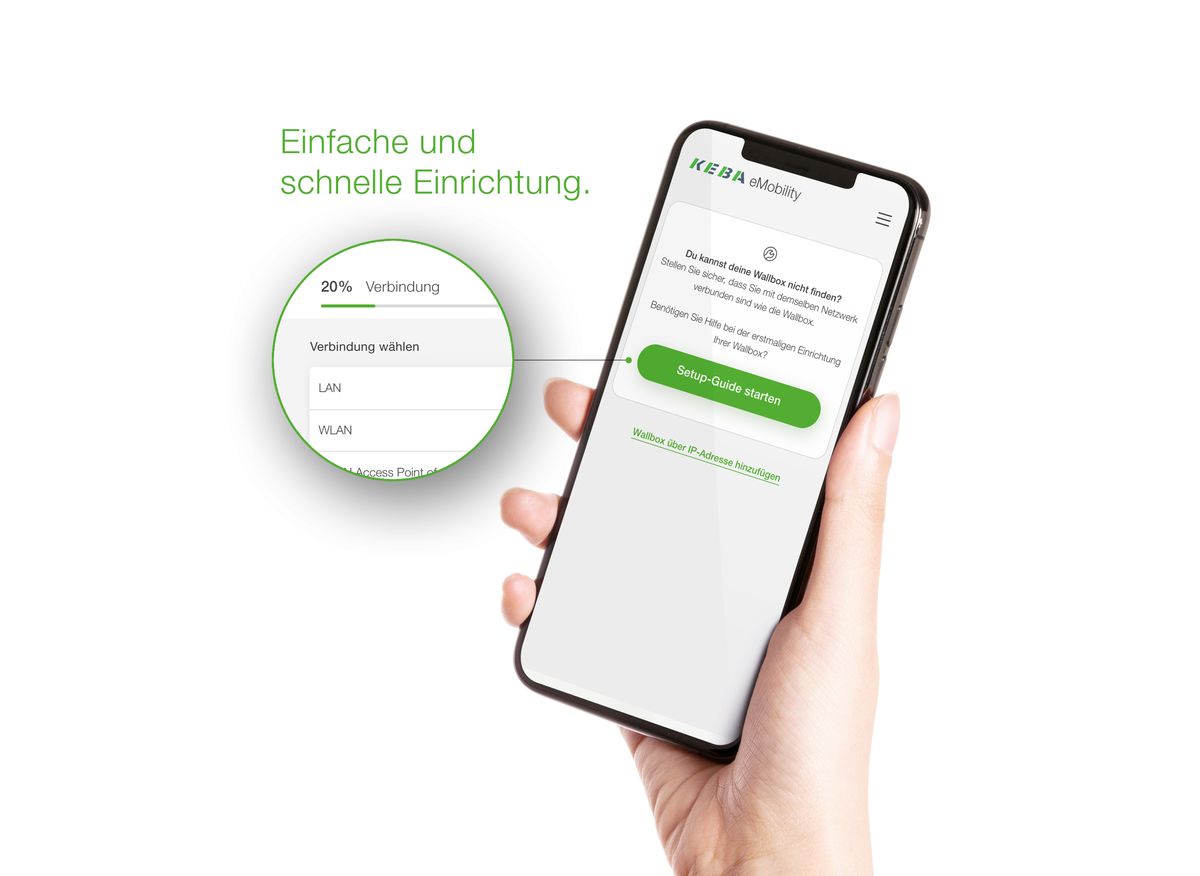 Smartphone mit der KEBA eMobility App, das eine einfache und schnelle Einrichtung darstellt.