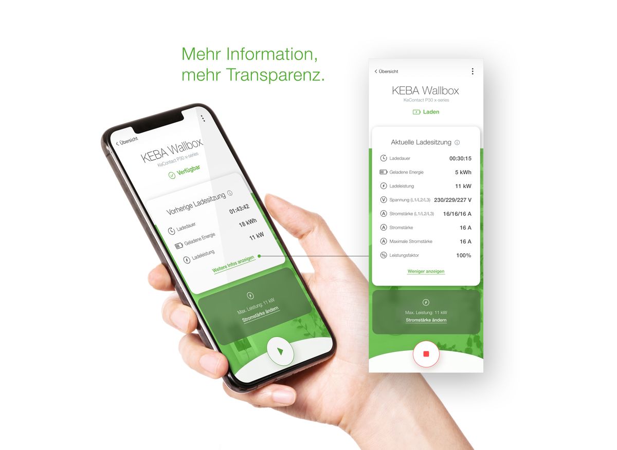 Smartphone mit der KEBA eMobility App, das mehr Informationen und Transparenz bietet.