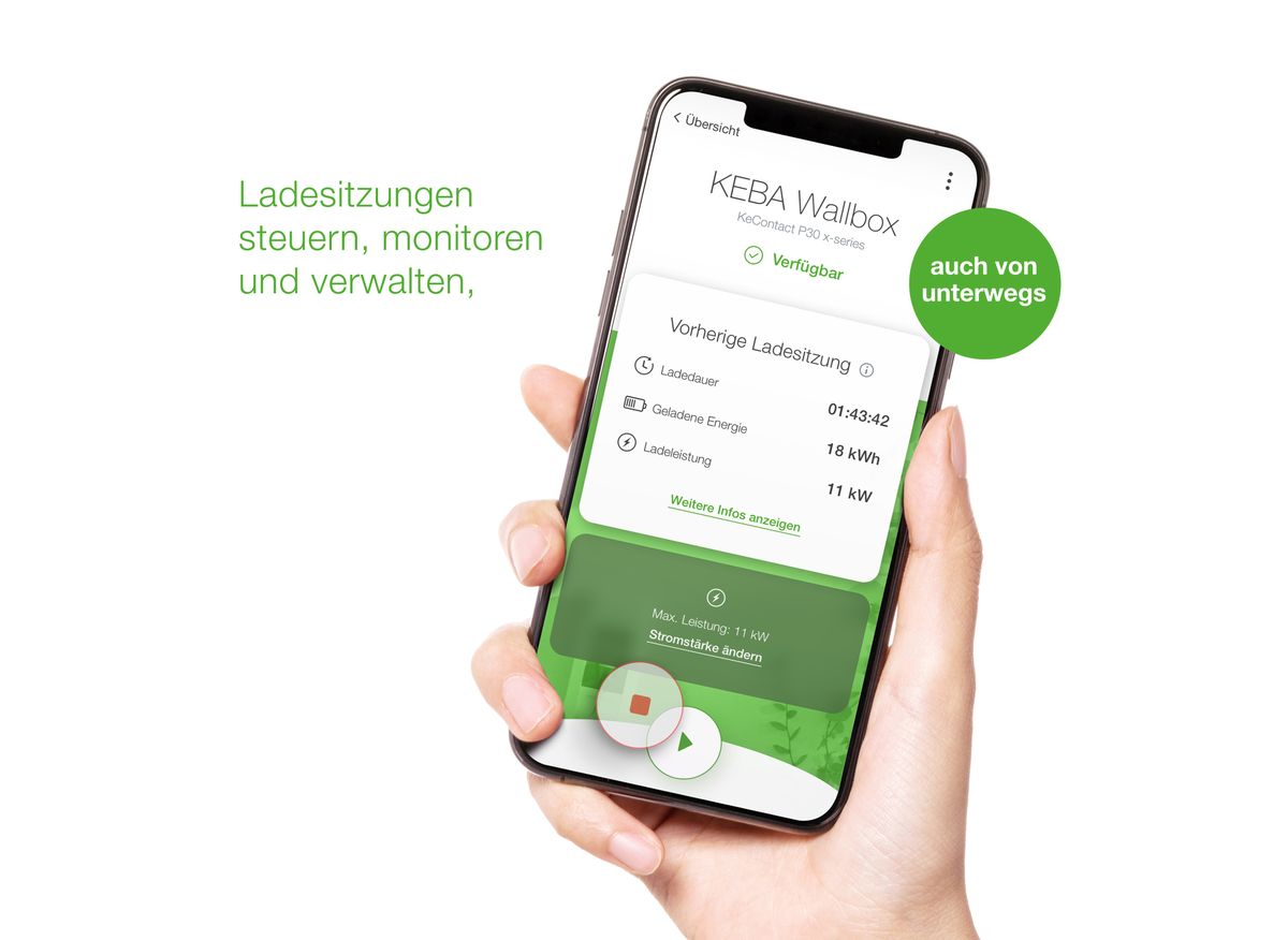 Smartphone mit der KEBA eMobility App, das Ladesitzungen steuert, überwacht und verwaltet.