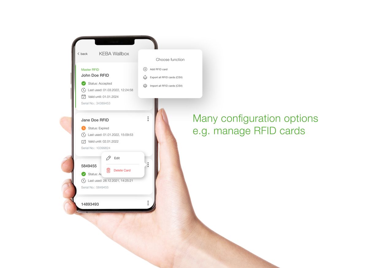 Smartphone avec l'App KEBA eMobility - Options de configuration étendues, par exemple, gestion des cartes RFID
