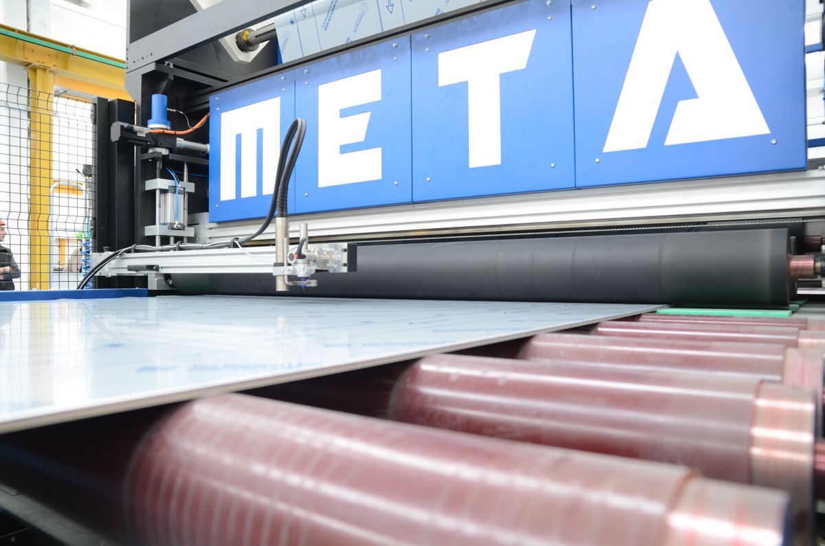 Close-up of a sheet metal handling system by Automazioni Meta Srl.