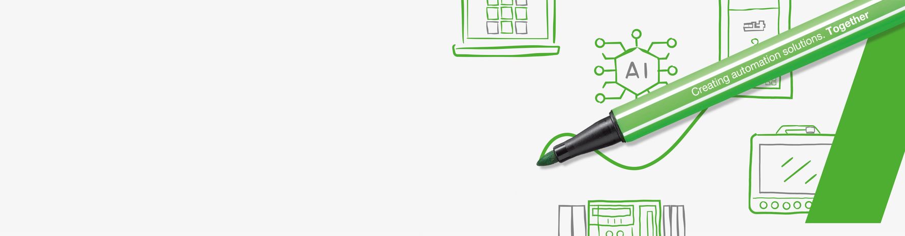Ein grüner Marker zeichnet Symbole zum Thema Industrieautomation und KI auf weißem Hintergrund, darunter eine Schaltung, einen Taschenrechner und einen Monitor.