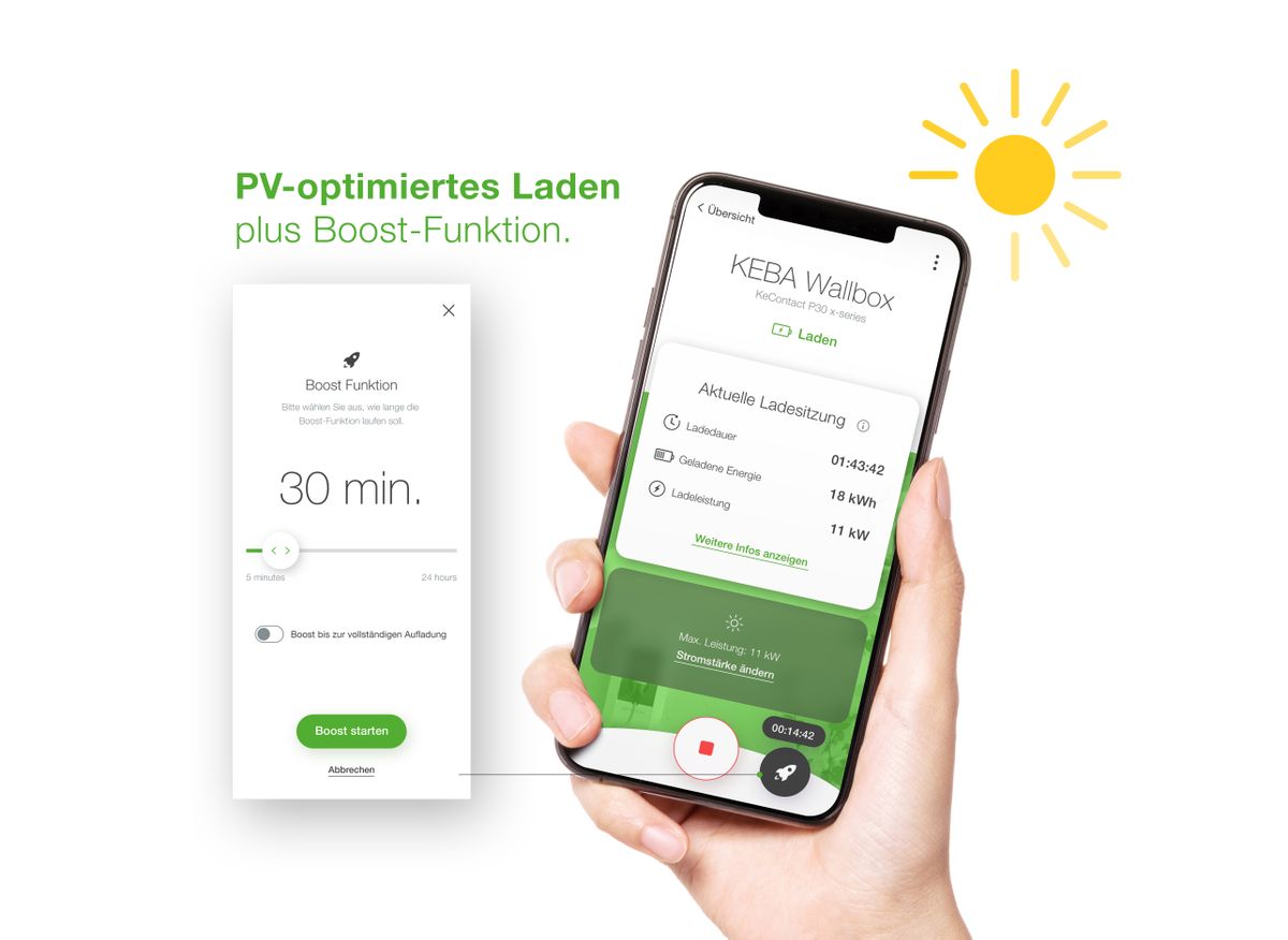 Smartphone mit der KEBA eMobility App, das PV-optimiertes Laden mit Boostfunktion zeigt.